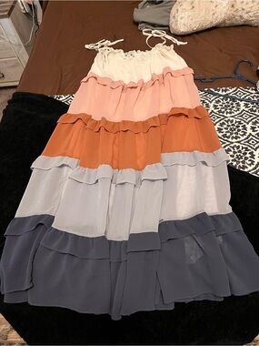 Tiered Ruffle Maxi Dress in Ivory, Blush, Orange & Slate